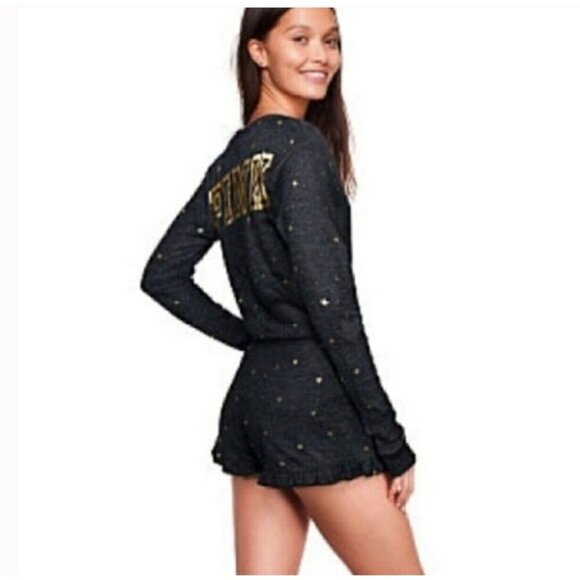 NEW! Victoria’s Secret PINK Thermal Sleep Romper Long Sleeve Gold Stars Gray S - Picture 1 of 9